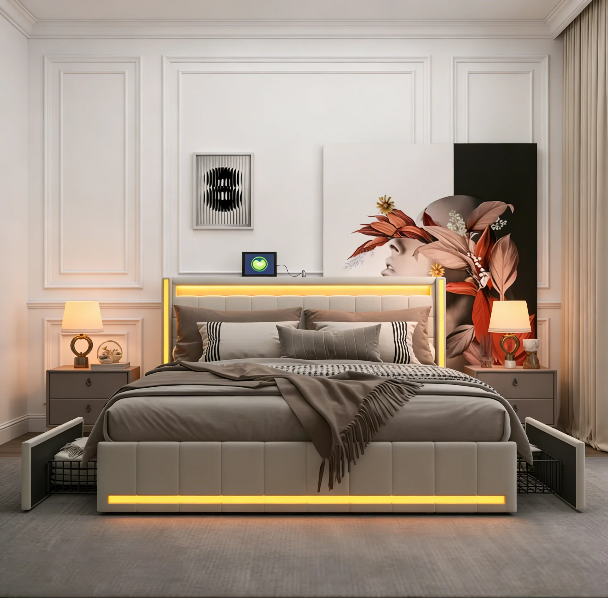 WoodenAura 140x200 cm Bett, Kopf- und Fußteil mit LED-Beleuchtung, 4 Metallkommoden, Leinenstoff, beige, Doppelbettgestell Image