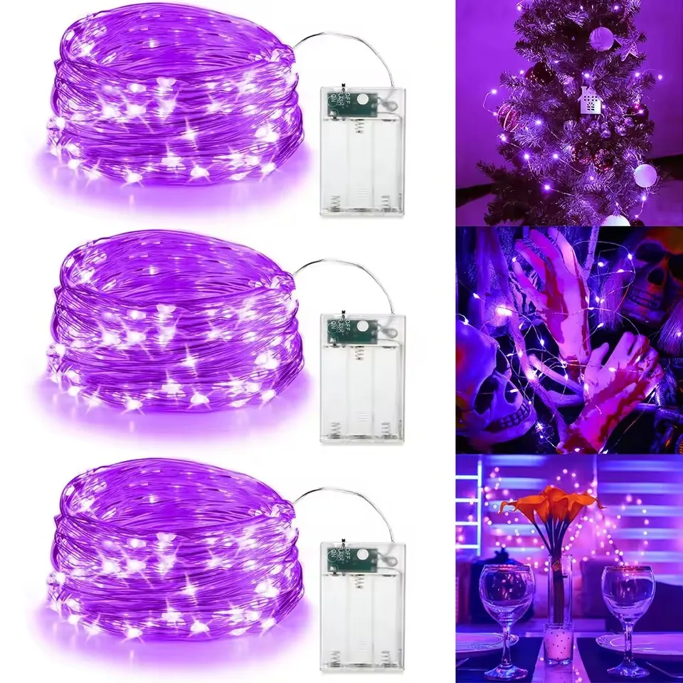 30/50/100LED Kupferdraht Lichterketten Batteriebetriebene Halloween Lila Lichterkette Innen Hochzeit Weihnachten Girlande Party Dekor
