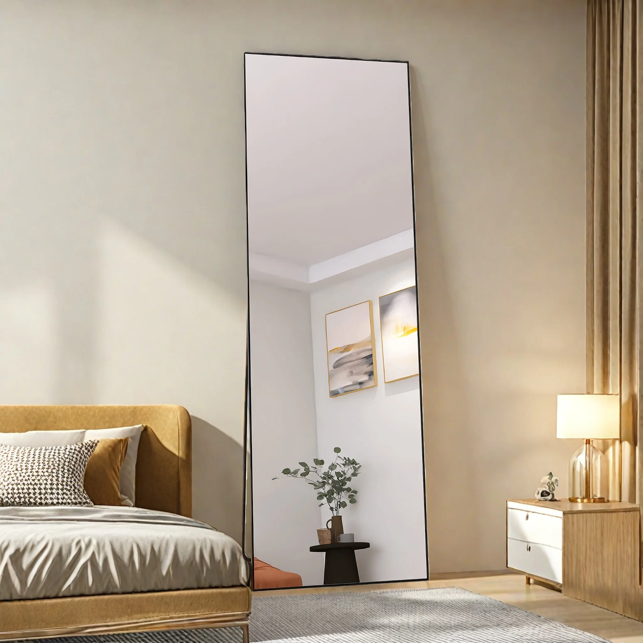 Anajqaqia 165x60cm Gehärteter Glas-Ganzkörperspiegel, Schminkspiegel, Rechteckiger Standspiegel, Wohndekor, Schwarz