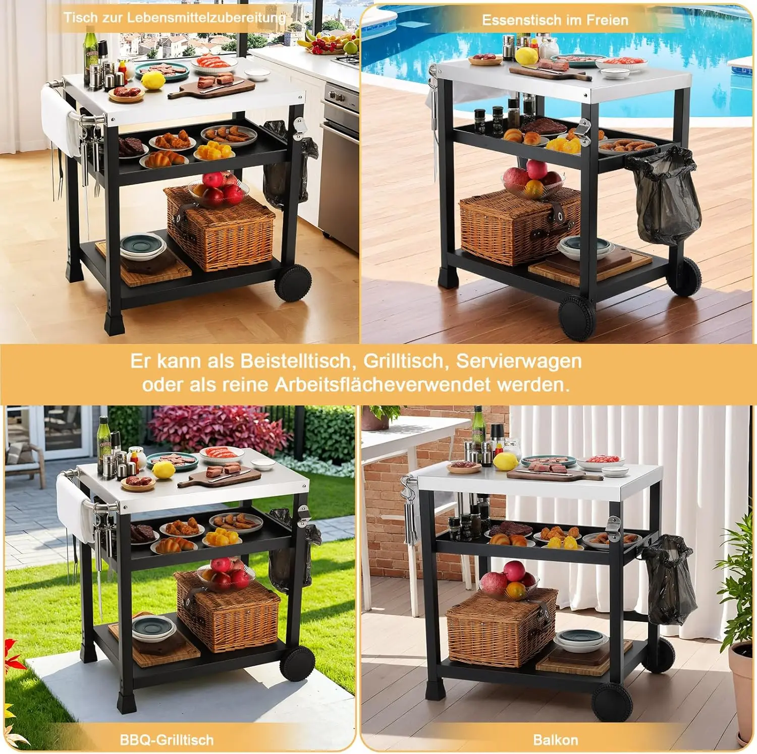 Grilltisch-Grillwagen mit 3 Ebenen und Edelstahl-Tischplatte, Küchenwagen, Outdoor-BBQ-Grill-Servierwagen 75 × 50 cm Image