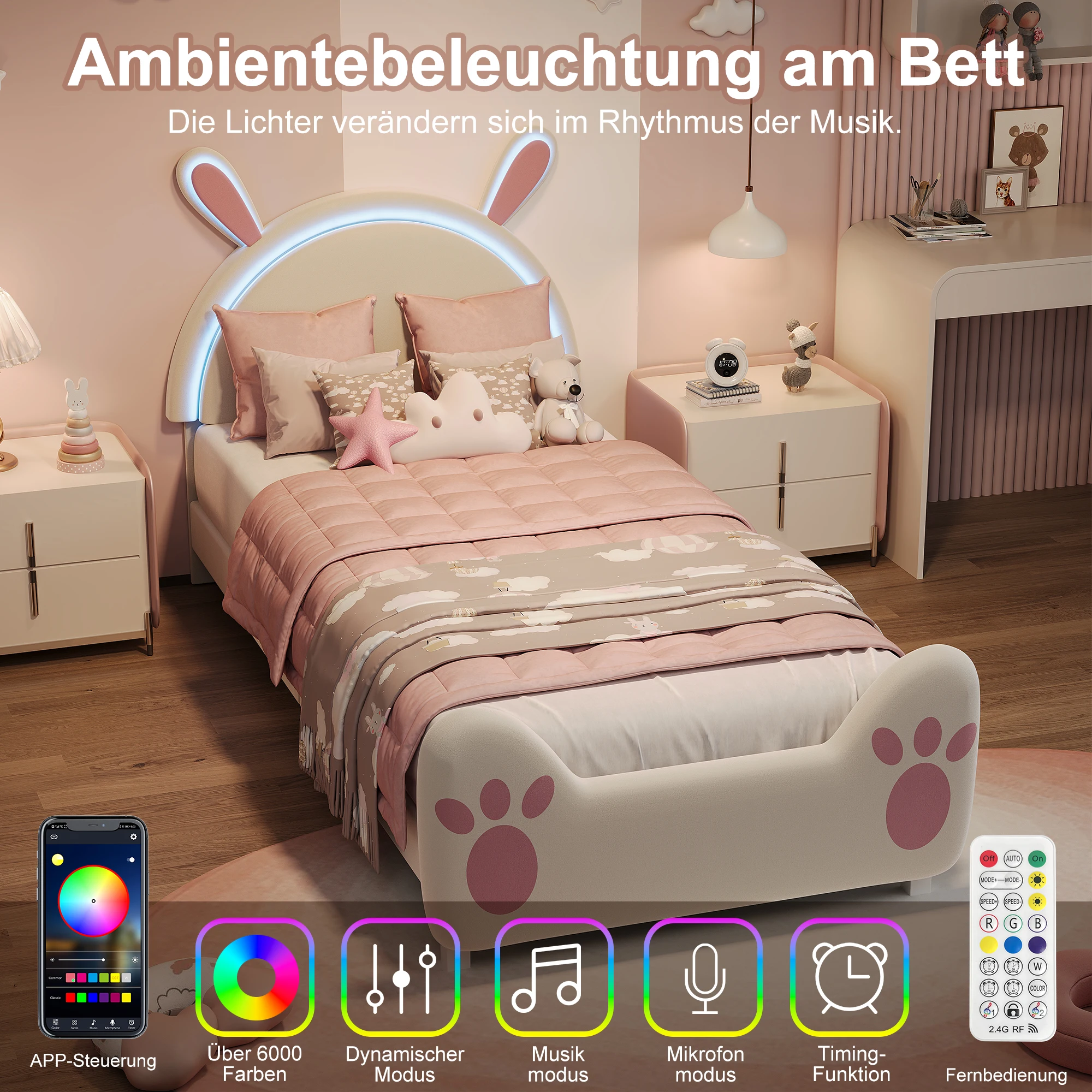 Mädchenbett 90 x 200 Kaninchen-Motiv Prinzessinnenbett mit Gepolstertes Kopfteil Bett aus Samtstoff Jugendbett 90x200 Einzelbett 90 x 200 Bettgestell für Kinder , ohne Matratze