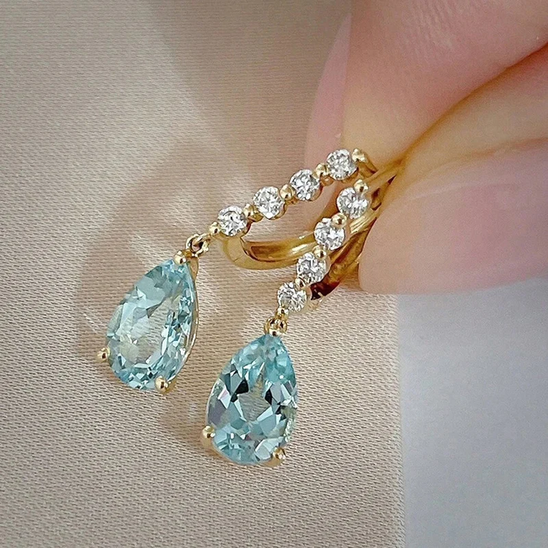 CAOSHI Elegante Hellblaue Birnenförmige Zirkonia-Anhänger-Ohrringe für Damen Braut Hochzeit Goldfarben Schmuck Accessoires Image