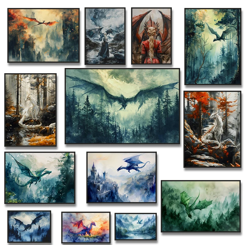 Aquarell Wald Weiß Grün Drache Poster Druck Fantasie Leinwand Malerei Dark Academia für Wohnzimmer Home Decor Cuadros