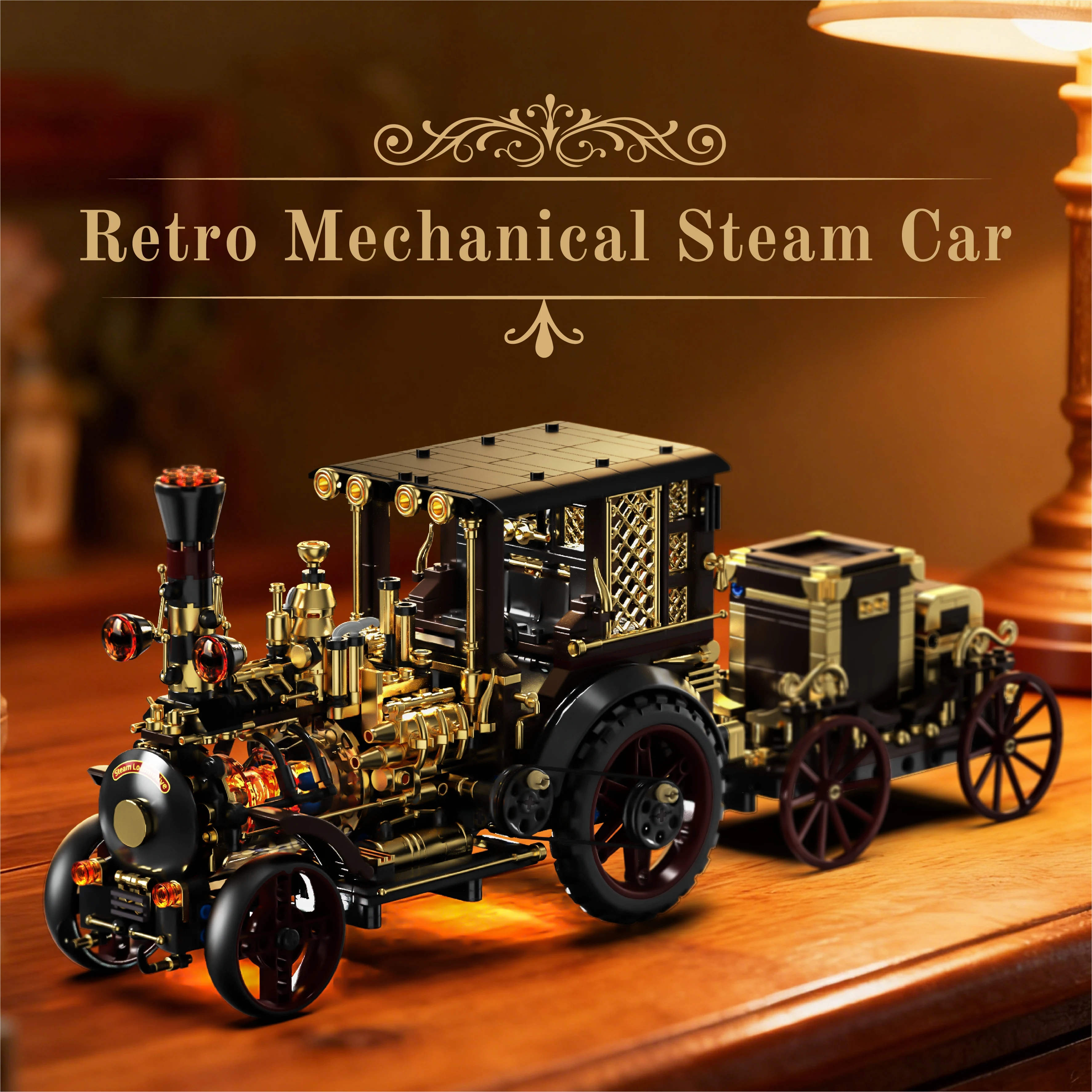 1331-teiliges Dampfbetriebenes Vintage-Auto Baukasten-Set, MOC Retro Mechanisches Automobil-Modell, Kreatives Ausstellungs-Deko-Spielzeug Image
