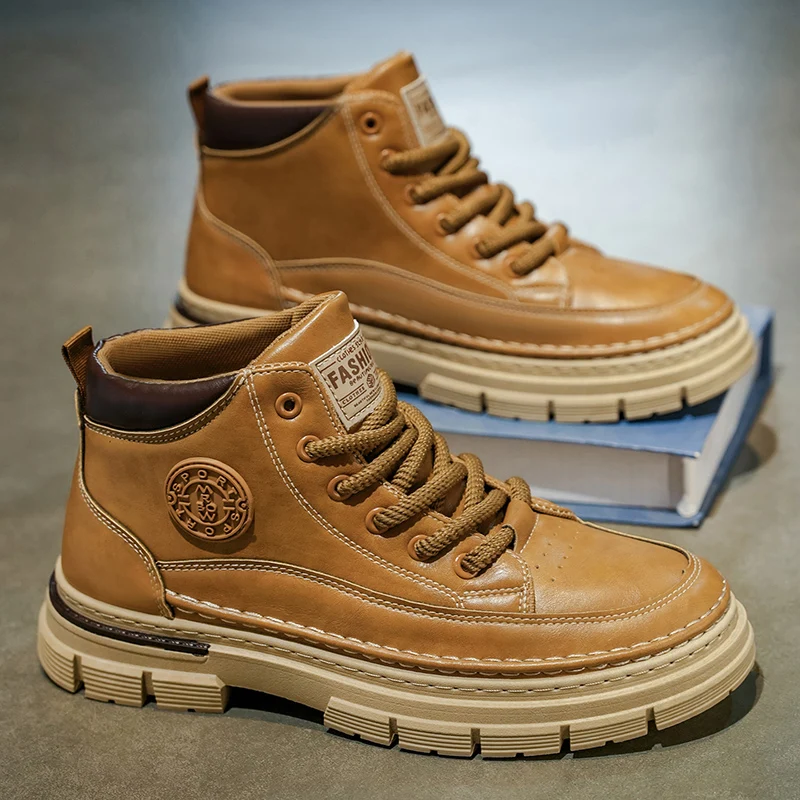 Herren High Top Lederschuhe Arbeit Gelbe Stiefel Dicker Boden Freizeitstiefel Mode Outdoor Wanderschuhe Herrenstiefel