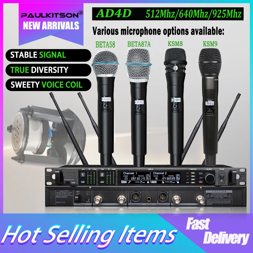 Paulkitson AD4D/beta58 900/500/600Mhz Drahtloses Bühnenmikrofonsystem Kondensatormikrofon Handmikrofon Lavalier-Mikrofon Image