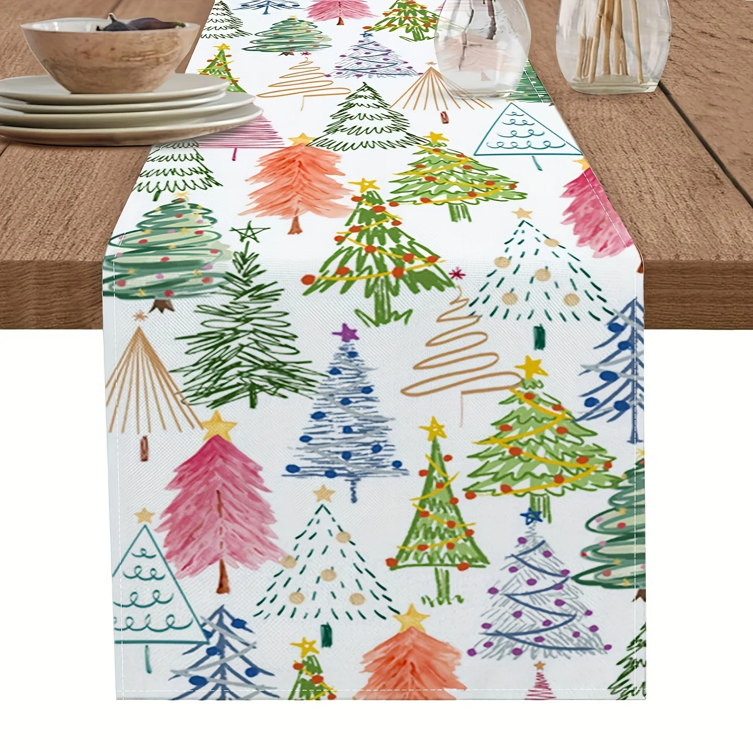 1 x Weihnachts-Tischläufer – lebendige Aquarellbaummuster, perfekt für Weihnachtstischdekoration und kleines Geschenk Image