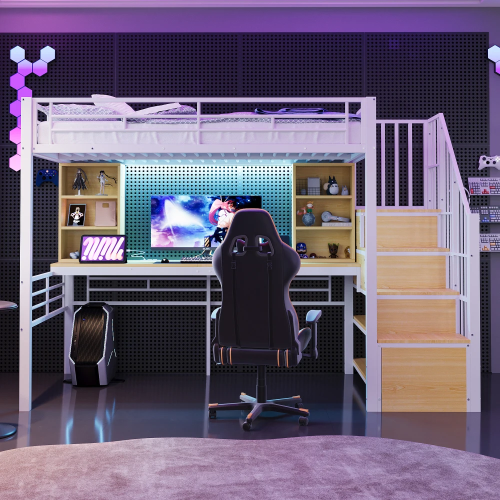 Hochbett 90×200cm, mit Regal, Schreibtisch, Steckdose und LED-Beleuchtung, integriertem Stauraum-Treppenhaus (links/rechts montierbar), Eisenrahmen Image