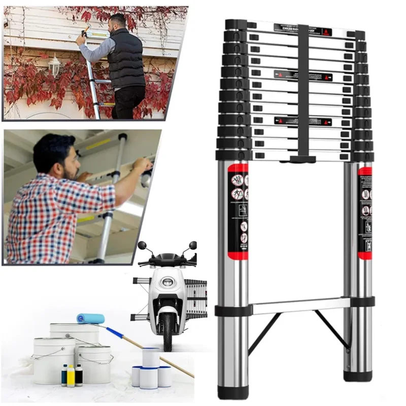 Teleskopleiter 4,4M Ausziehbare Leiter aus Edelstahl Tragbar nach EN131-Standard mit Abnehmbaren Haken 150kg Tragfähigkeit