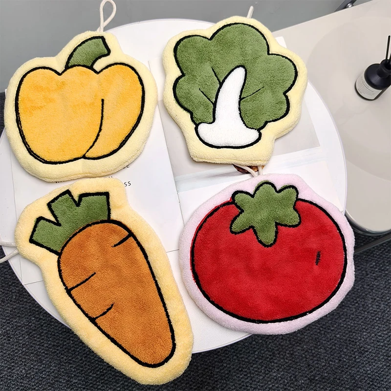 Gemüse-Korallenfleece-Handtücher mit Karotten- und Tomaten-Design, Schnelltrocknend, Saugfähig, für Küche und Bad, Wandhängende Putzlappen Image