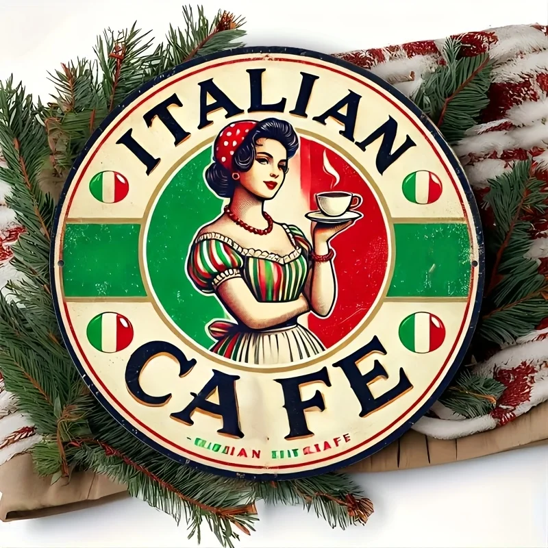 Vintage 'ITALIAN CAFE' Rundes Blechschild - Retro Italienische Flagge & Kaffeemädchen Wanddekoration für Küche Café Geschenk für Italien-Liebhaber