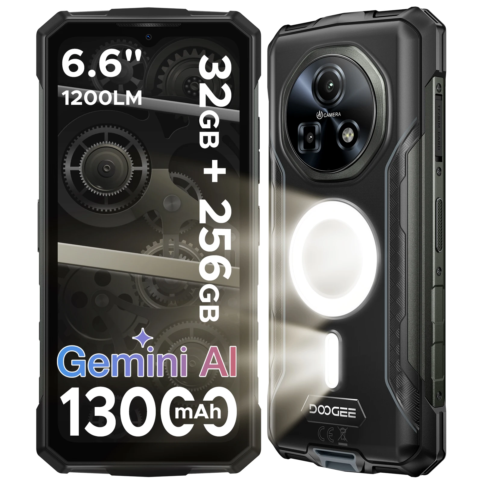 DOOGEE Fire 5 Ultra Robustes Smartphone 1200LM Campinglampe 32GB 256GB 6,6" Helio G81 Octa-Core 13000mAh Akku 48MP Kamera NFC