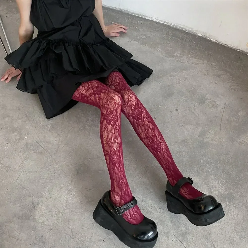 Y2K Mode Gothic Blumenmuster Ausgeschnittene Sexy Strumpfhose Damen Netzstrumpfhose Weinrot Ins Hot Girls JK Strumpfhosen Hochelastische Hipster Leggings Image