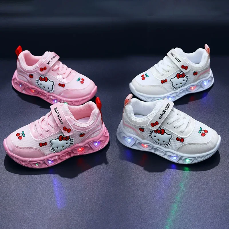 Sanrio Hello Kitty Kinder-Freizeitschuhe für Mädchen, LED-Licht, Cartoon-Motiv, PU-Leder, modische Sportschuhe mit flachem Boden, atmungsaktiv, Weiß, Rosa