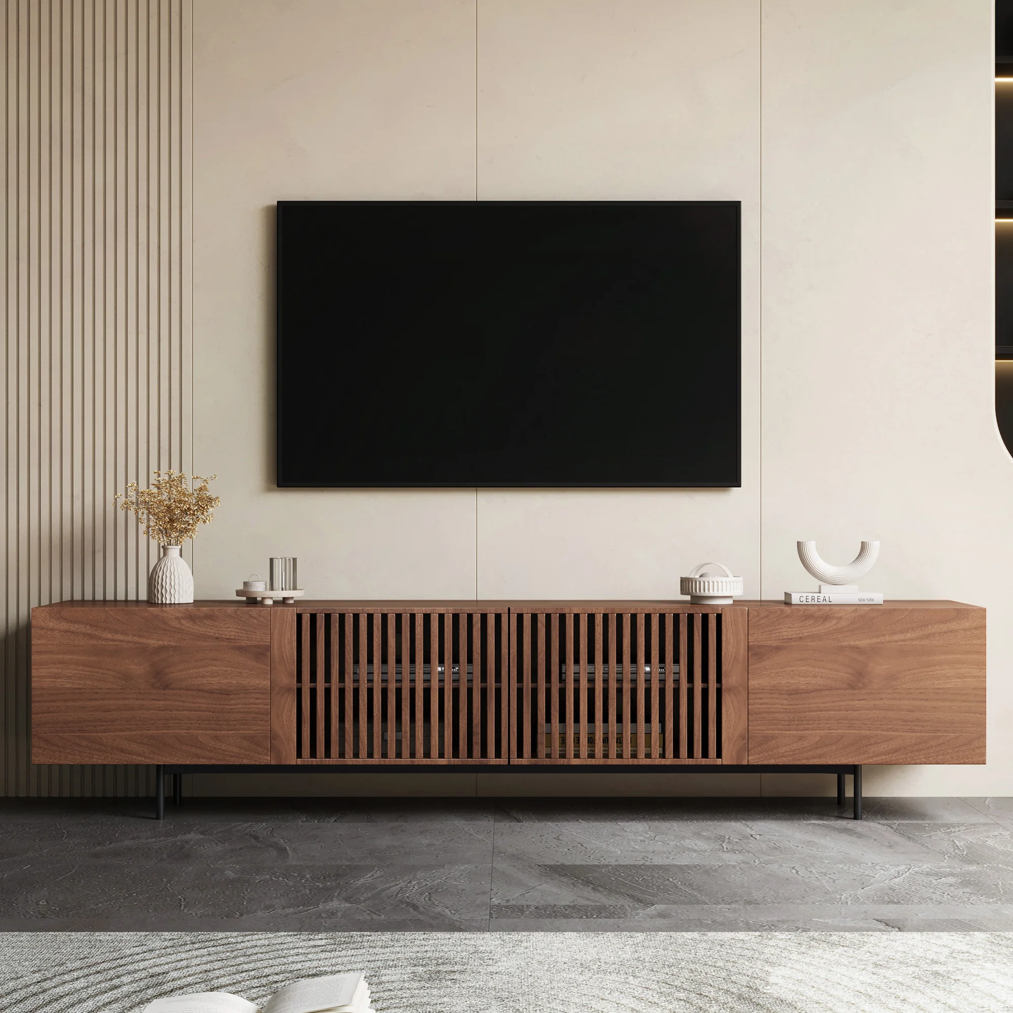 TV Schrank 240 cm passend für 75 Zoll Fernseher, Lowboard mit Lamellentüren und großem Stauraum, vielseitiges TV Board（240cm） Image