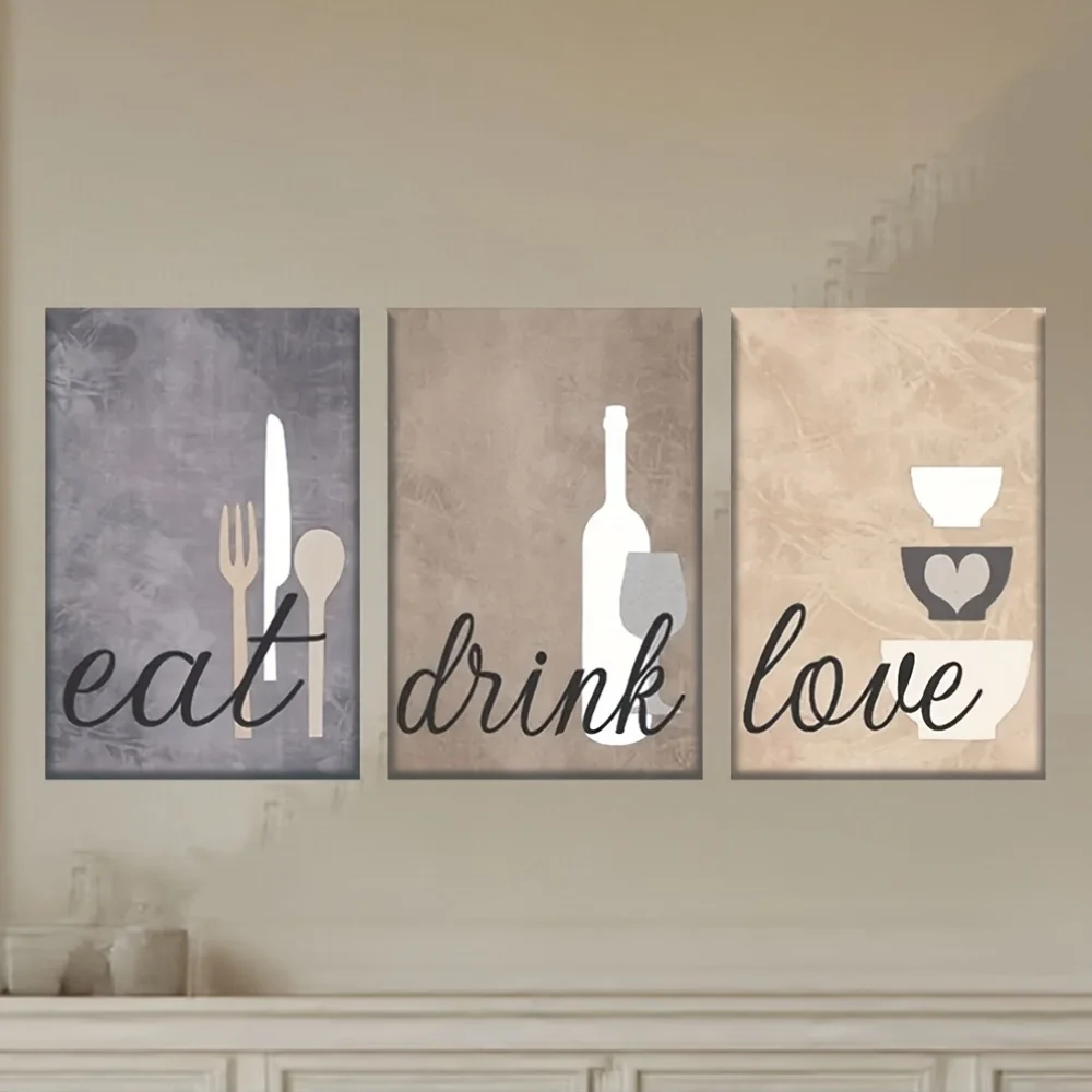 3-teiliges Leinwandbild-Set – ungerahmt, Leinwandkunstdruck „Eat Drink Love“, Künstler-Zeichenset, für Bar, Büro, perfektes Geburtstagsgeschenk, Wohnzimmer Image