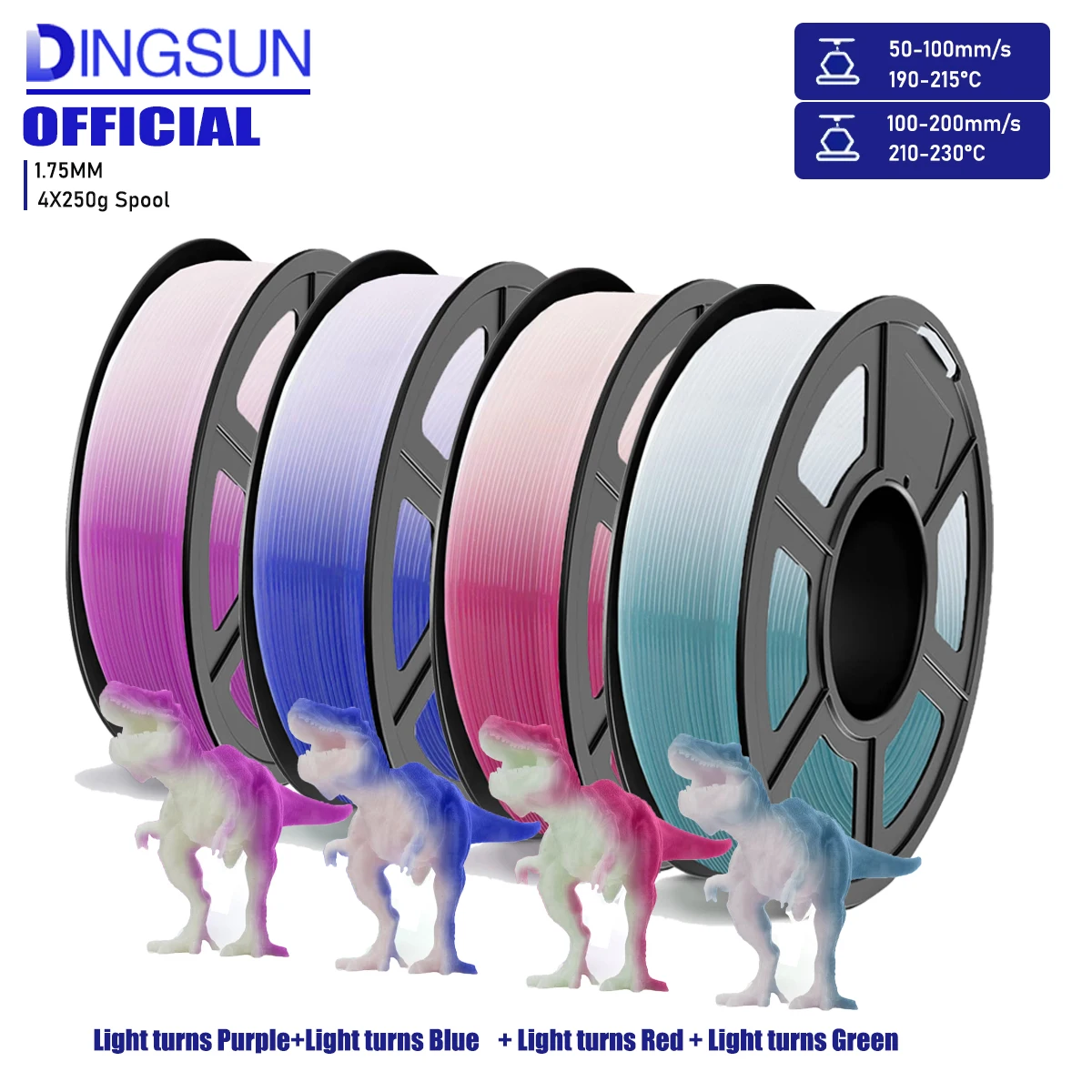 PLA+ 3D-Druckfilament, dessen Farbe sich nach Belichtung mit ultraviolettem Licht oder Sonnenlicht ändert. PLA+ Filament, 1,75 mm im Durchmesser Image
