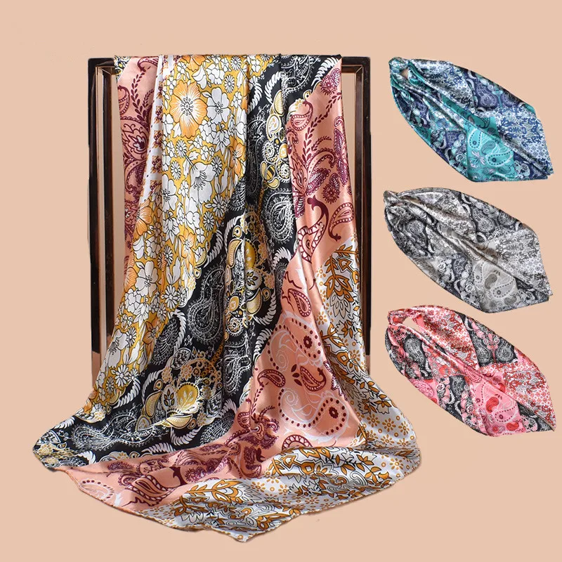 Damen Seiden-Hijab-Schals 90*90cm Seiden-Quadratschal Weiches Satin-Haarband Halstuch Krawatte Damen-Stirnband Foulard Taschenband Image