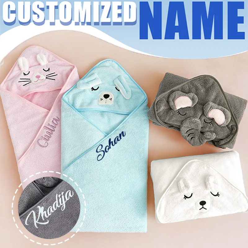 Personalisiertes Cartoon-Tier Weiches Baby-Badetuch mit Kapuze für Neugeborene, Saugfähiges Säuglingstuch mit Mütze - Einzigartiges Babyparty-Geschenk Image