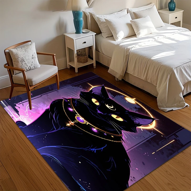 1 Stück Mystischer Schwarzer Katzen-Teppich mit Himmlischem Mondmuster, Rutschfeste Bodenmatte für Wohnzimmer und Schlafzimmer, Gotische Heimdekoration Image