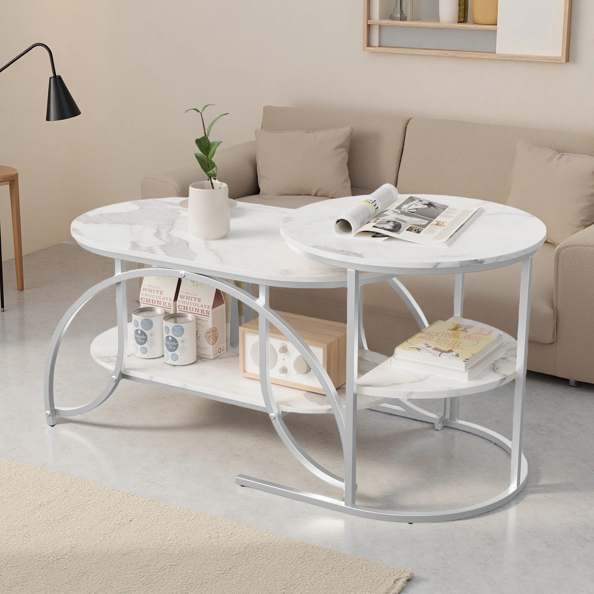 Comanlai 2-teiliges Set Moderner Beistelltisch, mit Stauraum und Metallgestell, Couchtische, Silberne Tischbeine + Weiße Tischplatte Image