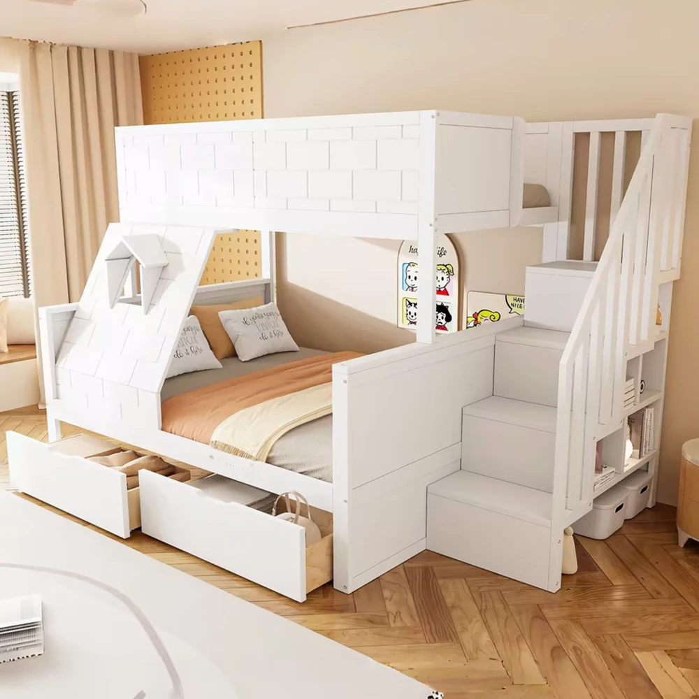 90x200cm Kinder-Etagenbett, Kinderbett mit Sicherheitsleiter, Schubladen und Fenstern; Oberbett 90*200cm, Unterbett 140*200cm, ohne Matratze Image