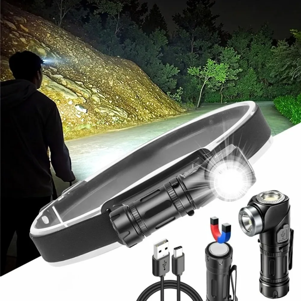 Leistungsstarke Stirnlampe Typ C, wiederaufladbar, magnetische Stirnlampe, LED-Taschenlampe mit 90° ° Drehbare COB-Arbeitslampe für Outdoor-Wandern und Camping Image