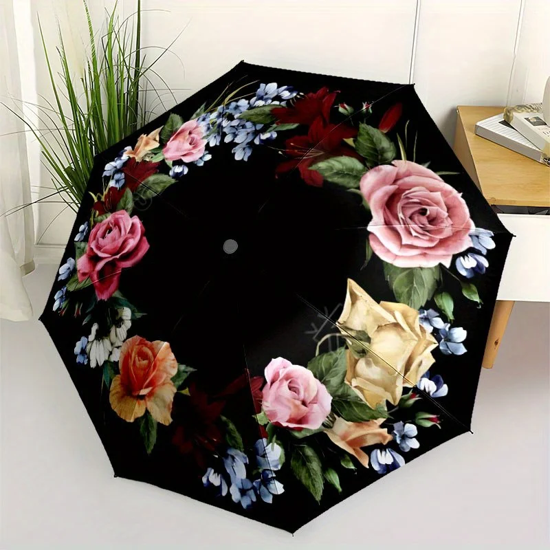 Retro-Ölgemälde-Stil Kranz-Regenschirm mit 8-Rippen-Eisenrahmen, robust, ideal für den Außenbereich, Strandreisen, ideales Geschenk für den Strand. Image