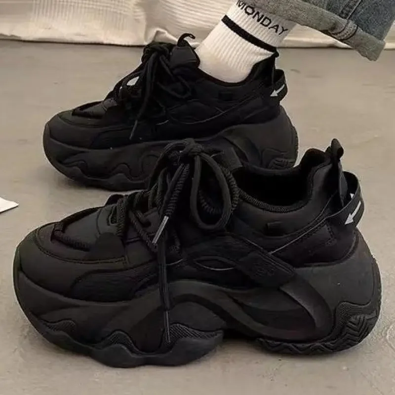 Hohe Plattform-Turnschuhe für Damen, Leder, Papa-Schuhe, Damen, schwarz, klobige Turnschuhe, dicke Sohle, Schuhe, 2025, modische, höhenvergrößernde Schuhe