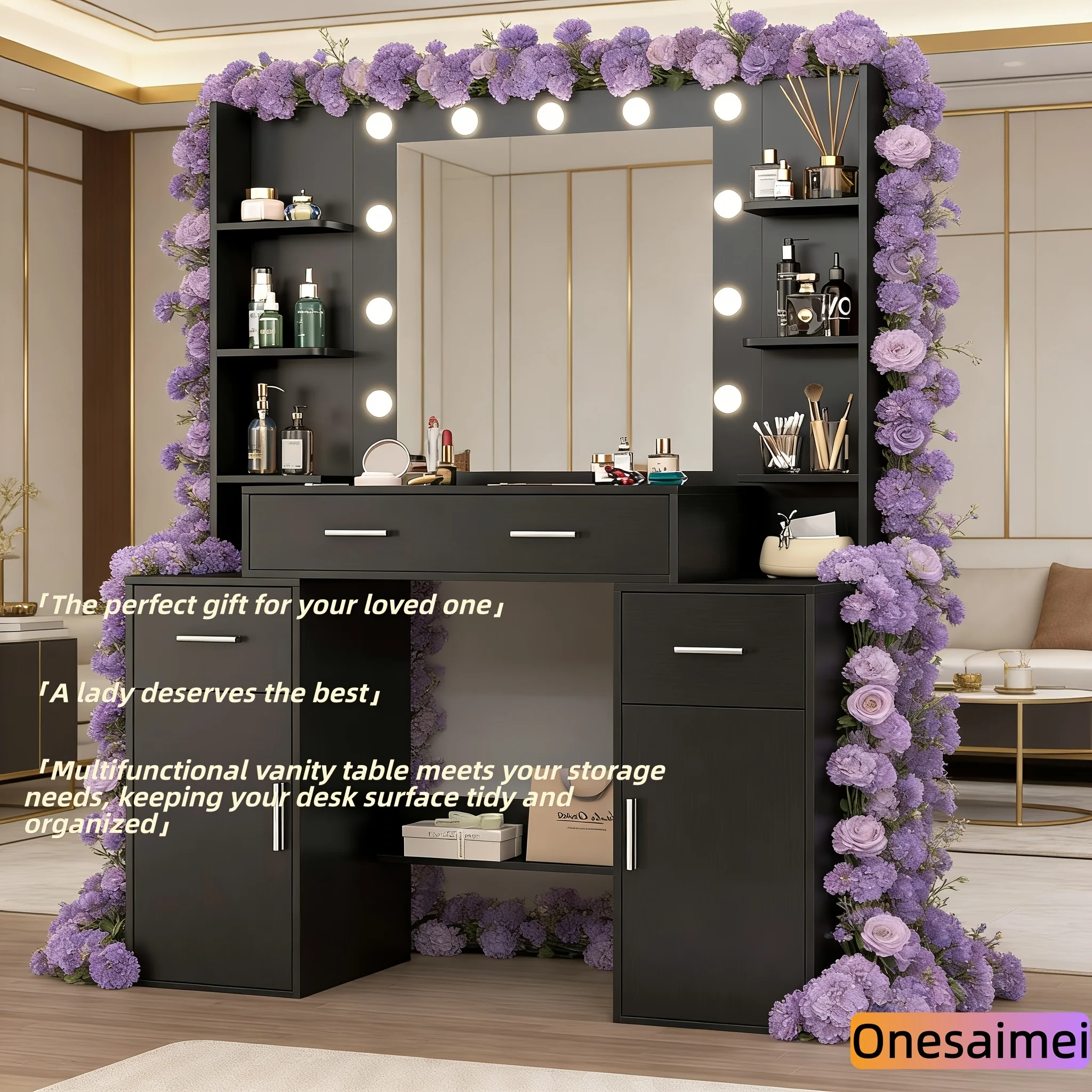 Schminktisch mit LED-Spiegel Moderner Make-up-Tisch Frisiertisch-Set mit Schubladen, 3 Farbmodi und Einstellbarer Helligkeit Image