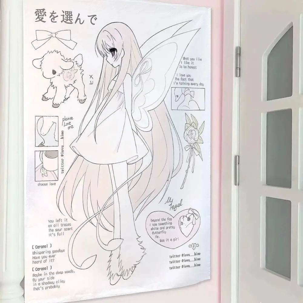 Feenhafte Anime-Mädchen-Skizzen-Tapisserie, weicher, pastellfarbener Liebesdruck aus Polyester, Wandbehang, Kawaii-Skizzenbuch-Themen-Heimdekoration für das Schlafzimmer Image