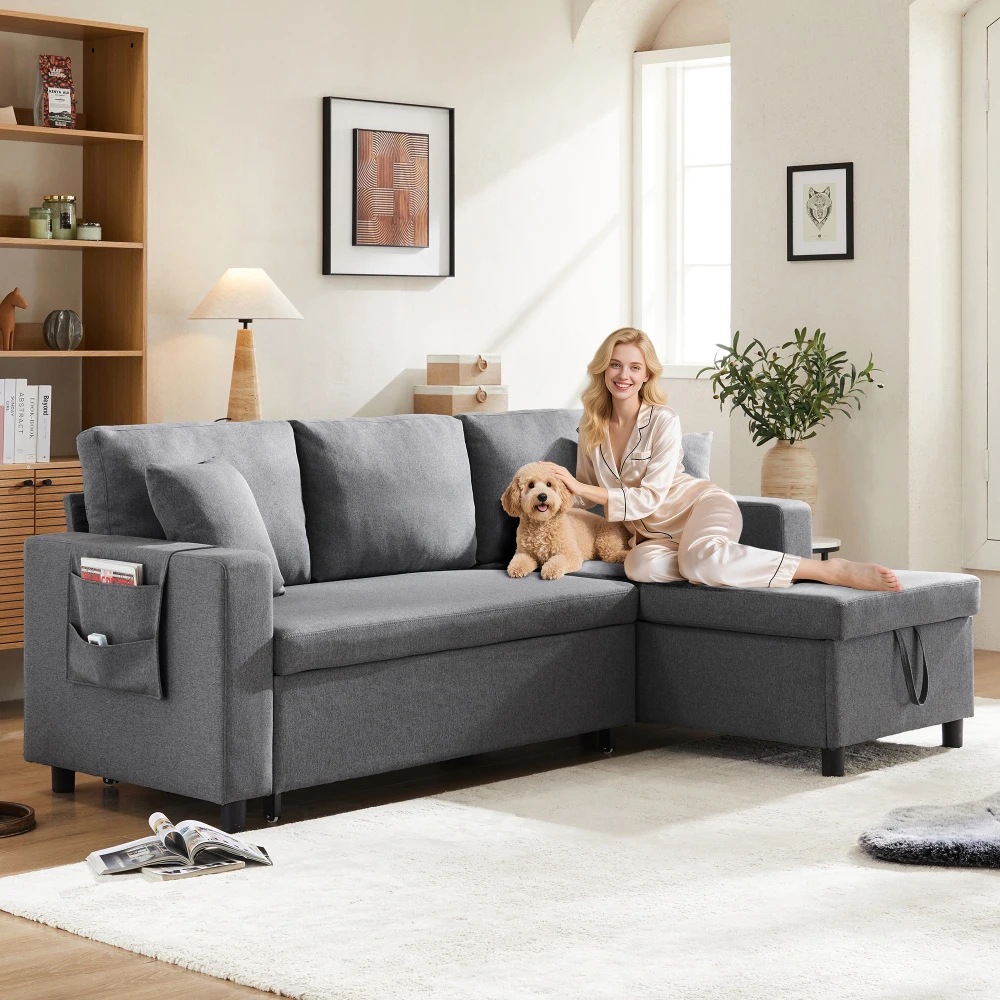 L-förmiges Sofa mit Schlaffunktion, Sofa-Sessel mit Stauraum, Sofa mit Taschenaufbewahrung, Geeignet für Wohnzimmer Image