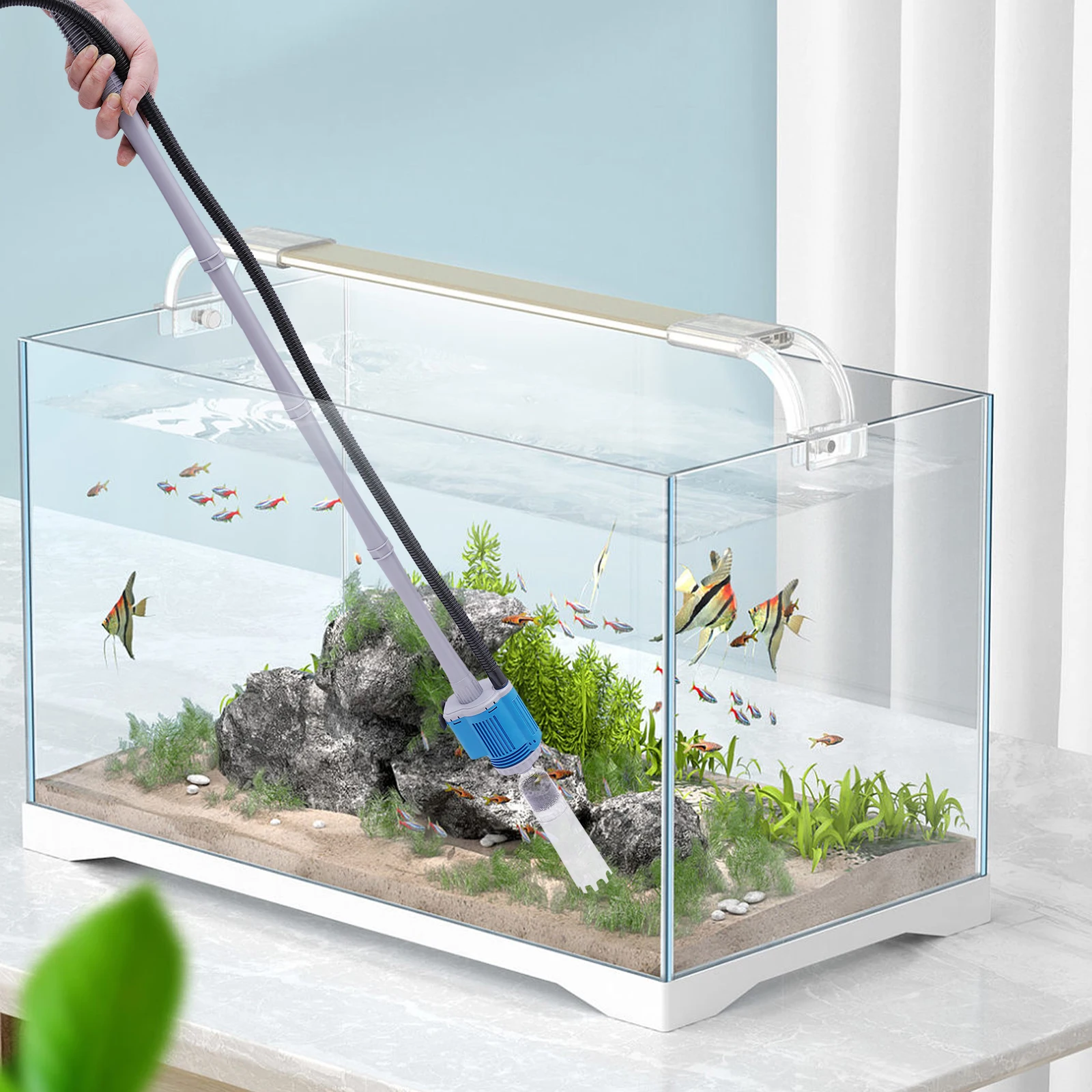 Aquarium-Kiesreiniger-Siphon-Set, automatische Reinigungswerkzeuge für Aquarien, elektrischer, abnehmbarer Vakuum-Wasserwechsler mit Filter Image