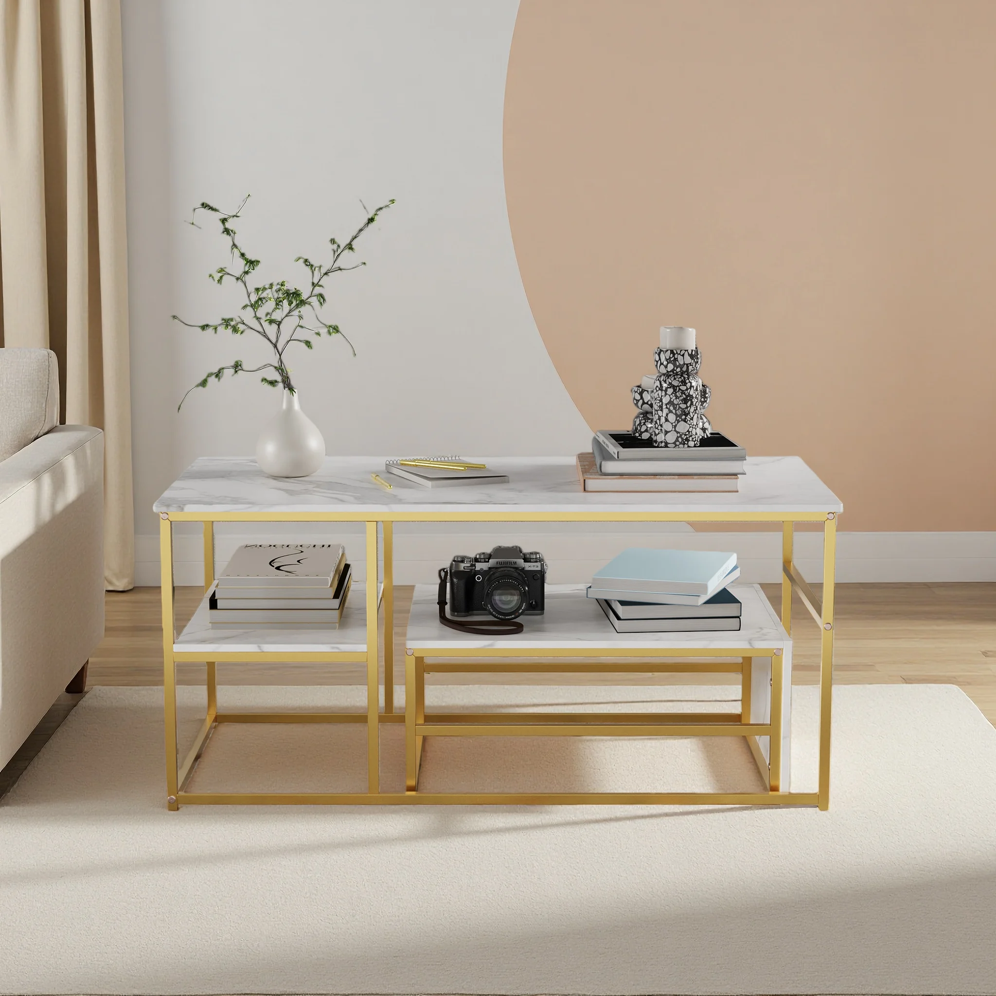 Comanlia Couchtische, Beistelltische mit Metallgestell, Marmoroptik, für das Wohnzimmer, rechteckig Image