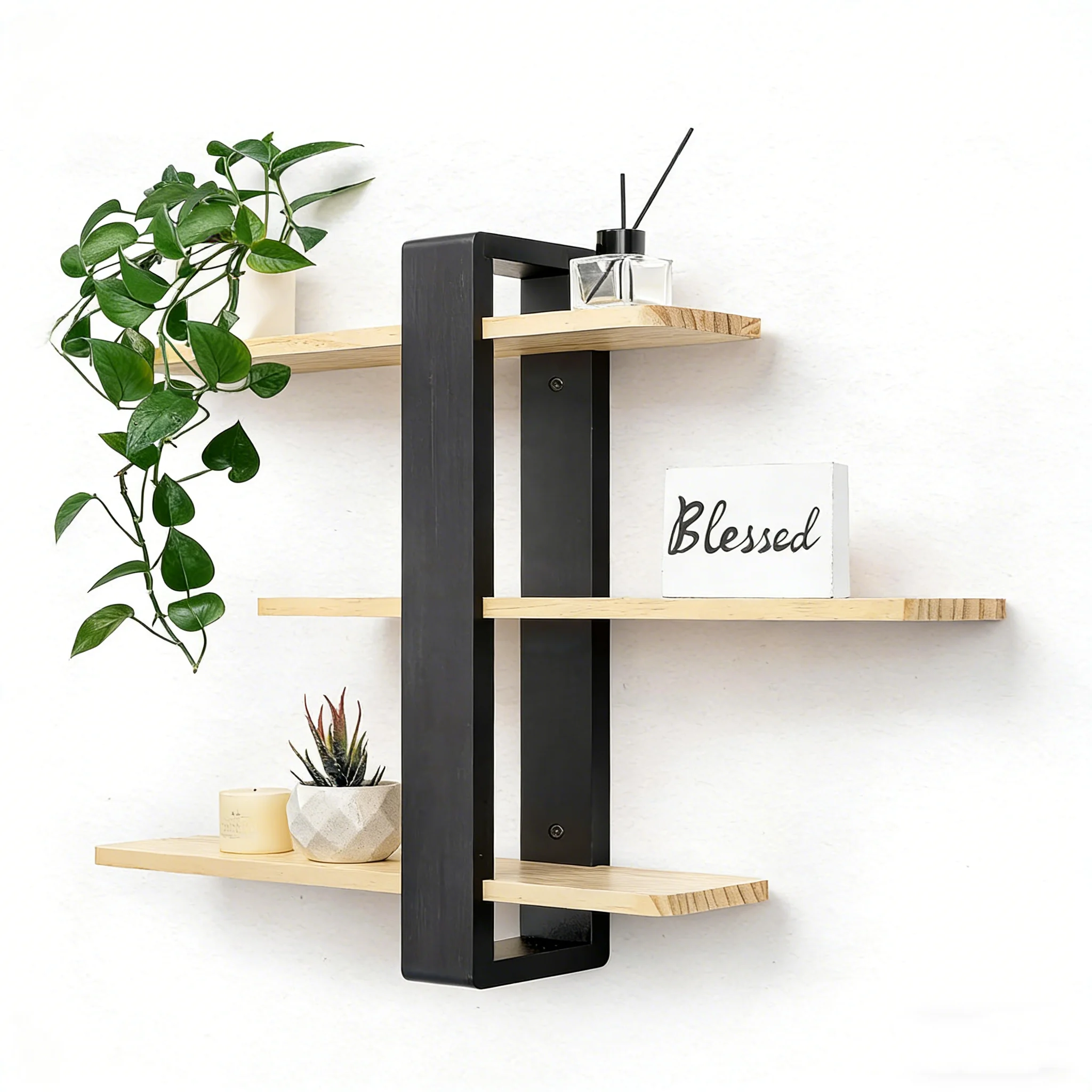 Wandregal aus Kiefernholz, verstellbares schwebendes Regal mit 3 Ebenen, Hängeorganizer und Heimdekoration, schwarz/weiß Image