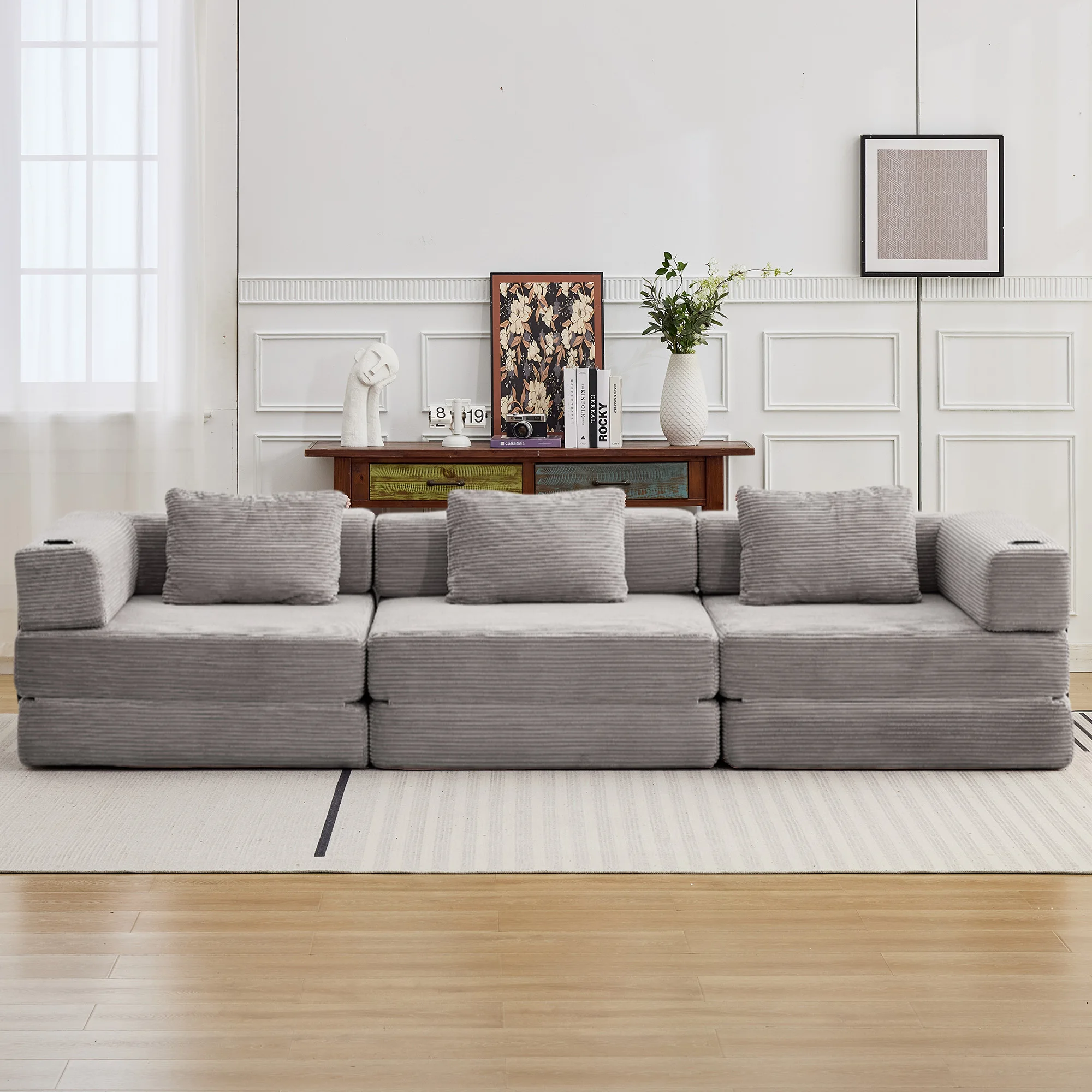 Ohne Montage 3-Sitzer Schlafsofa, Klappbare Bodencouch Umwandelbar in Geräumiges Bett, Mehrpersonen-Cordsofa für Wohnzimmer Image