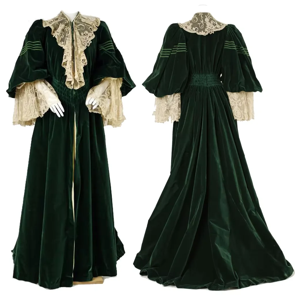 Frauen Französisch 1858-1956s Grün Lange Robe Kleid Tee Kleid Kostüm Viktorianischen Mode Gothic Steampunk Kleid Halloween Anzug