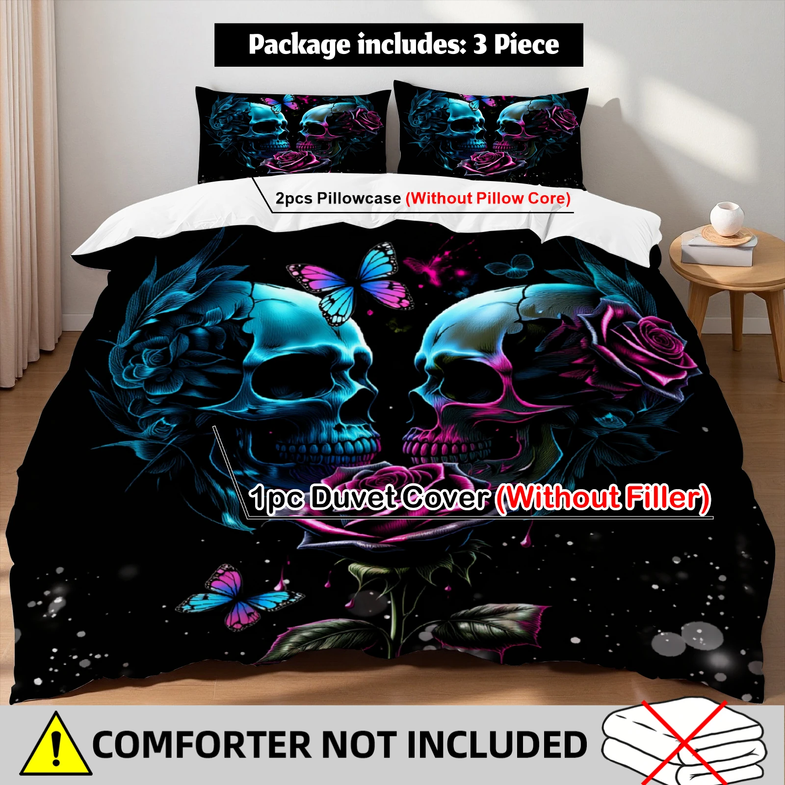 Rosa Totenkopf-Rosen-Bettwäsche-Set, Gothic-Totenkopf-Schmetterlings-Bettwäsche für Gothic-Liebhaber, Schlafzimmer, Twin-, Queen- und King-Size mit 2 Kissenbezügen Image