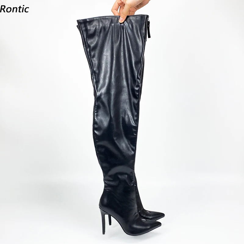Rontic handgemachte Damen Winter Oberschenkel Stiefel Frontreißverschluss Sexy Stiletto Heels Spitzschuh Schwarz Nachtclub Schuhe US-Größe 5-15