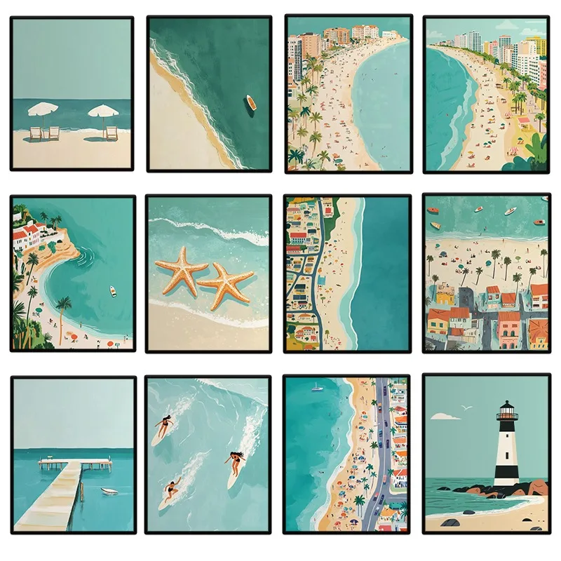 Sommerliche Strandlandschaften Stadt-Reise-Poster Meer Strand Surfen und Schwimmen Leinwandgemälde Wandkunst für Wohnzimmer Heim-Deko