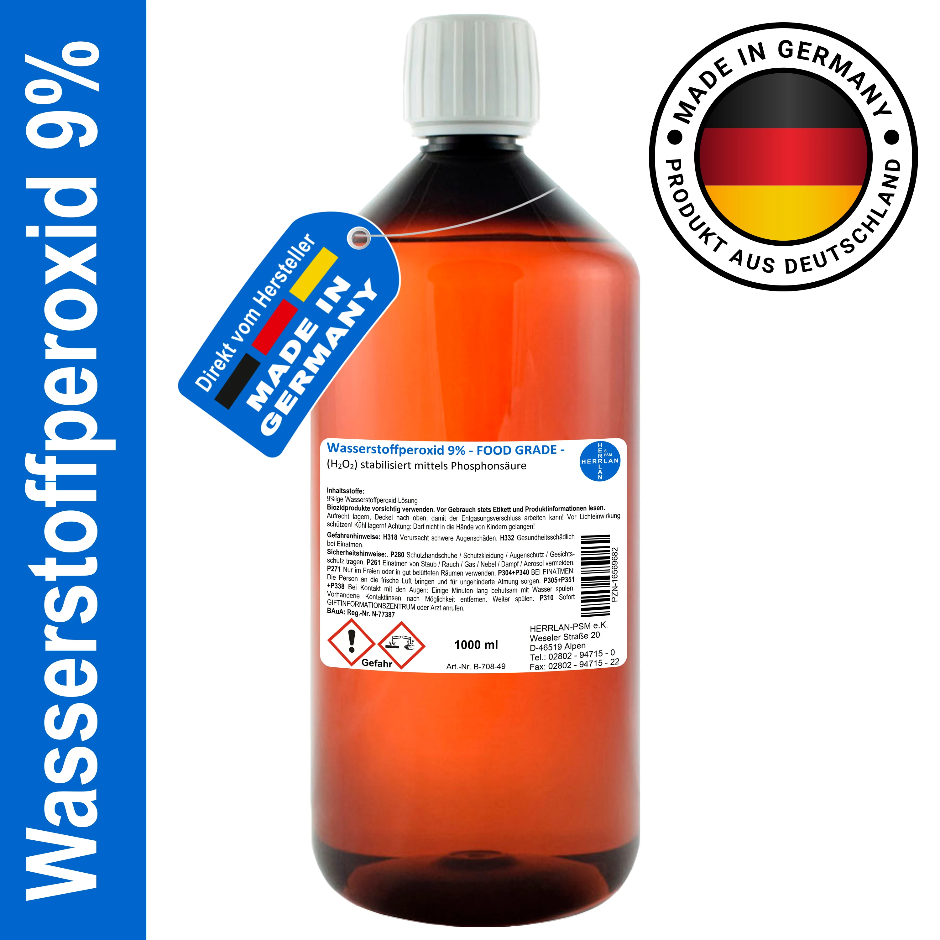 HERRLAN® Wasserstoffperoxid 9% – Stabilisiert – FOOD GRADE – PZN 17455029 - Wasserpflege & Desinfektion - BAuA N-77385 Image