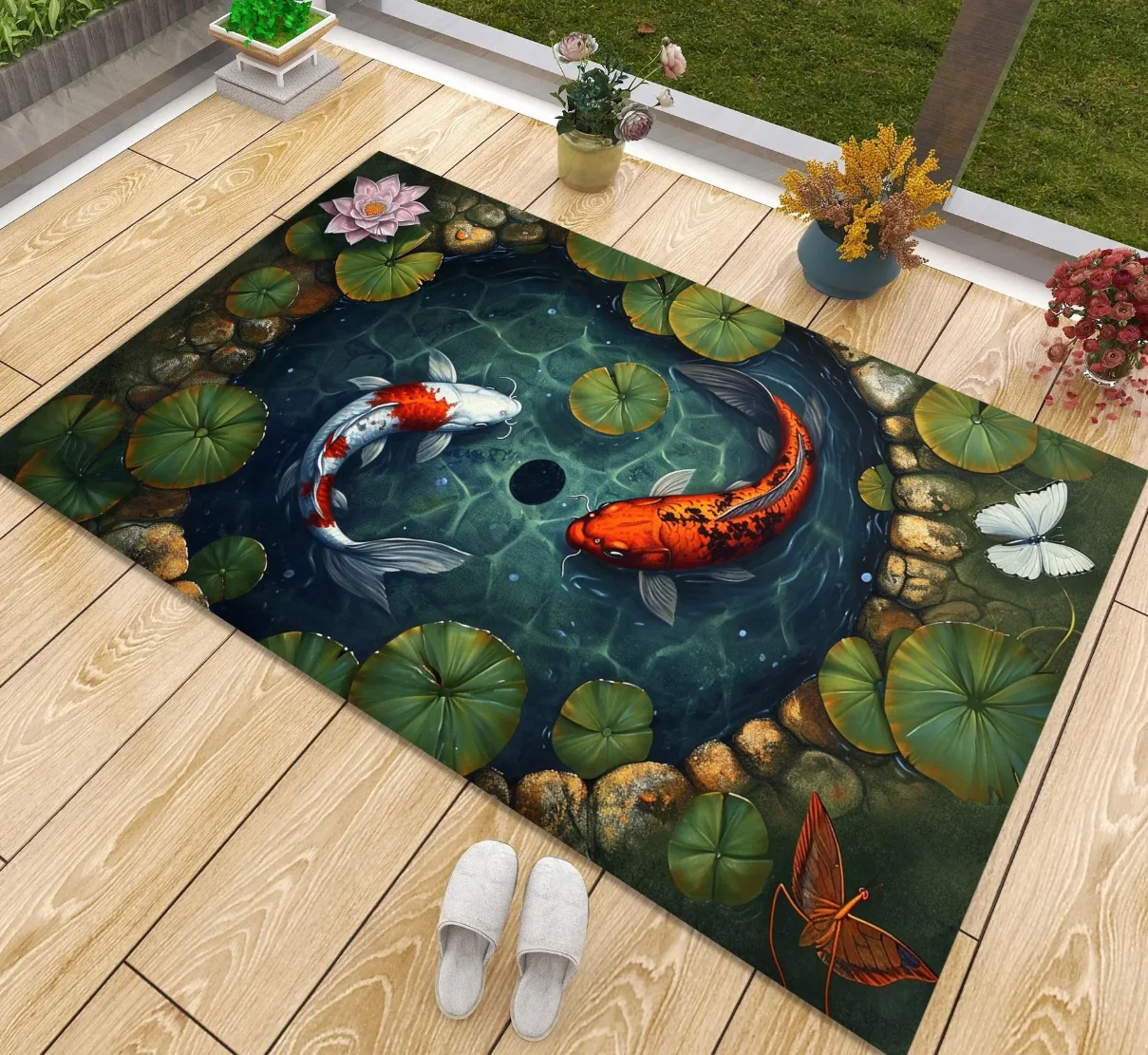 Teppiche Bodenteppich Matte Koi-Fisch Lotus-Teich Muster Rutschfester Weicher Plüsch-Bodenteppich für Wohnzimmer Schlafzimmer Küche Heim-Dekoration Image