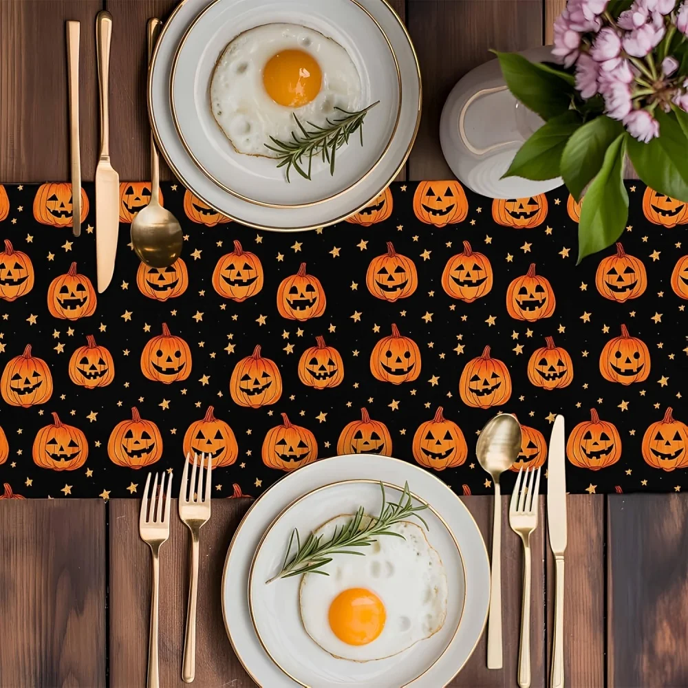 Halloween-Tischdecke – Schwarz mit orangefarbenen Kürbissen und Sternen, Halloween-Dekorationen, Halloween-Geist mit Stern-Tischläufer Image