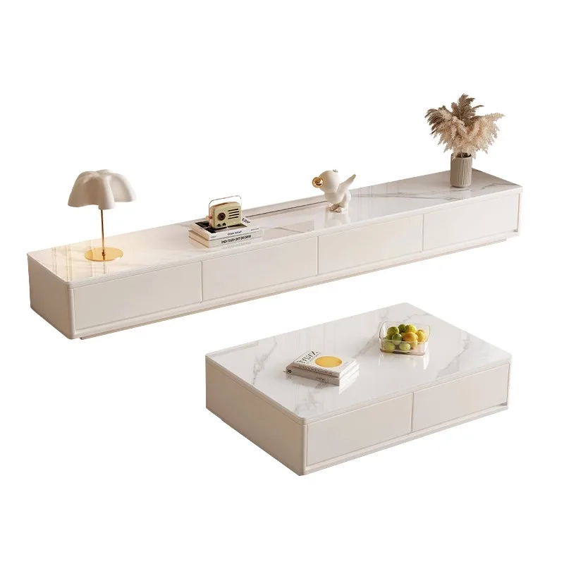 Modernes Luxus-TV-Möbel und Couchtisch-Set aus Holz und Marmor für Wohnzimmer und Schlafzimmer – Schwebendes Aufbewahrungsregal im Möbeldesign