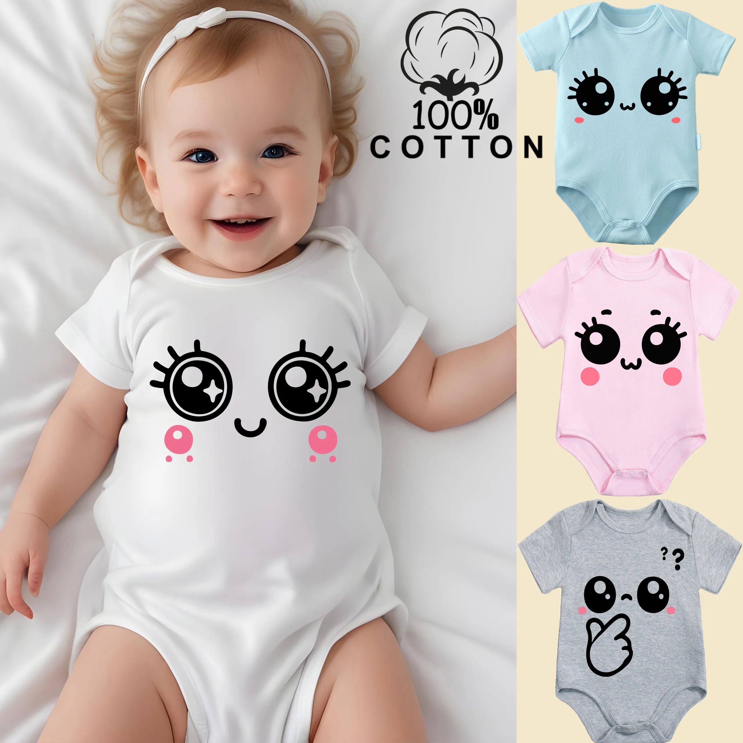 Einteiler aus 100 % Baumwolle, süßer Baby-Body mit Smiley-Gesicht-Aufdruck, bequemer Stoff für Babys, Overall für Neugeborene von 0 bis 12 Monaten Image