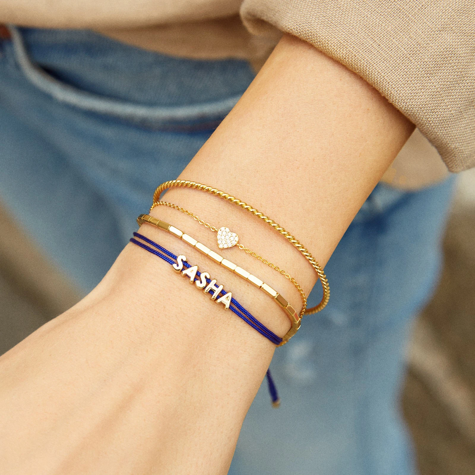 Bracelets à lettres coulissantes tendance bijoux en acier inoxydable bracelet en cordon plaqué or 18 carats bracelet en corde coulissante réglable et coloré