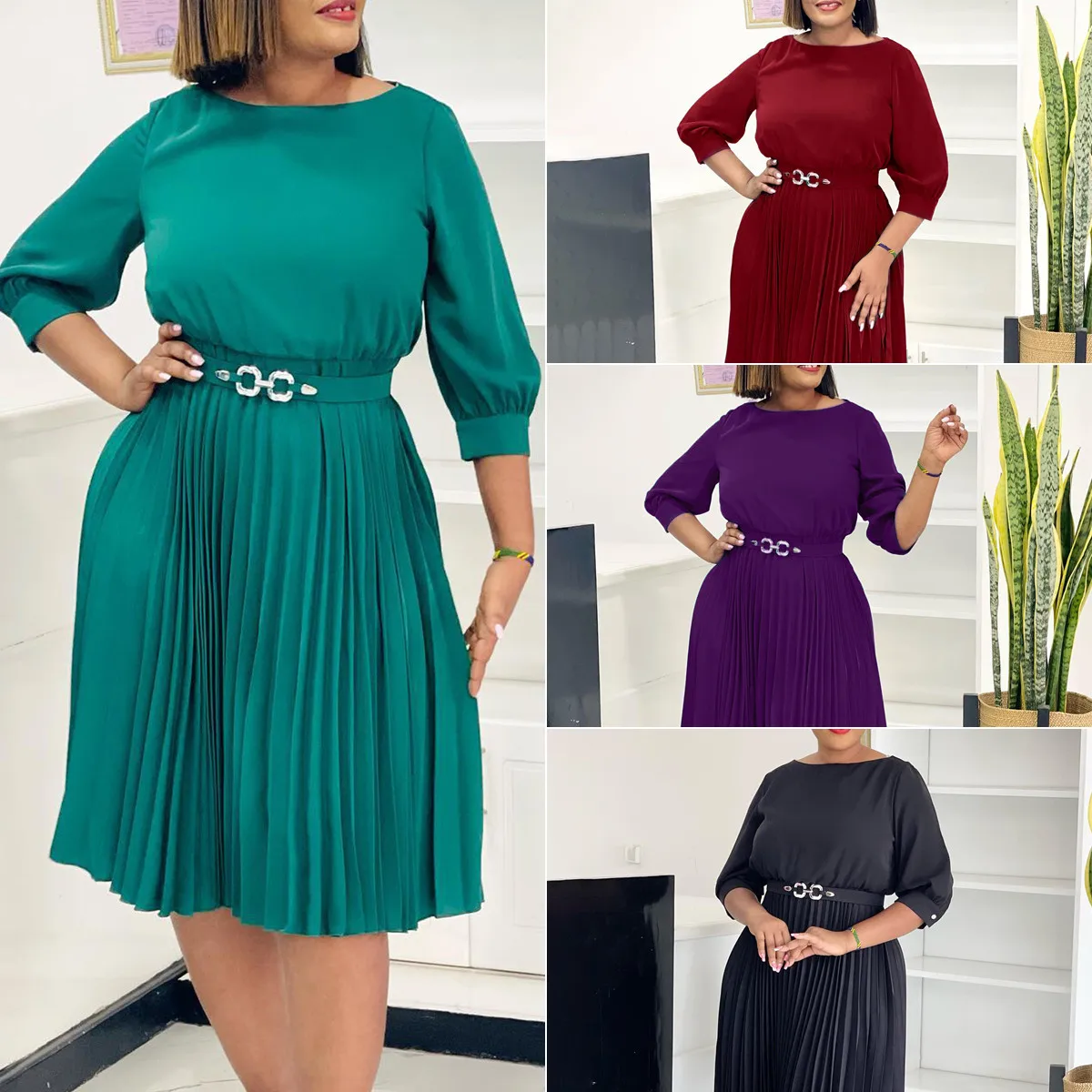 D3344 Nouvelle Collection Robes d'Automne pour Femmes – Élégante Robe Plissée Décontractée à Col Rond et Manches 3/4 – Tenue Africaine pour Femme