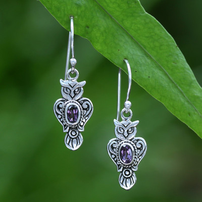 'Owl-Shaped Textured Amethyst Sterling Silver Dangle Earrings'