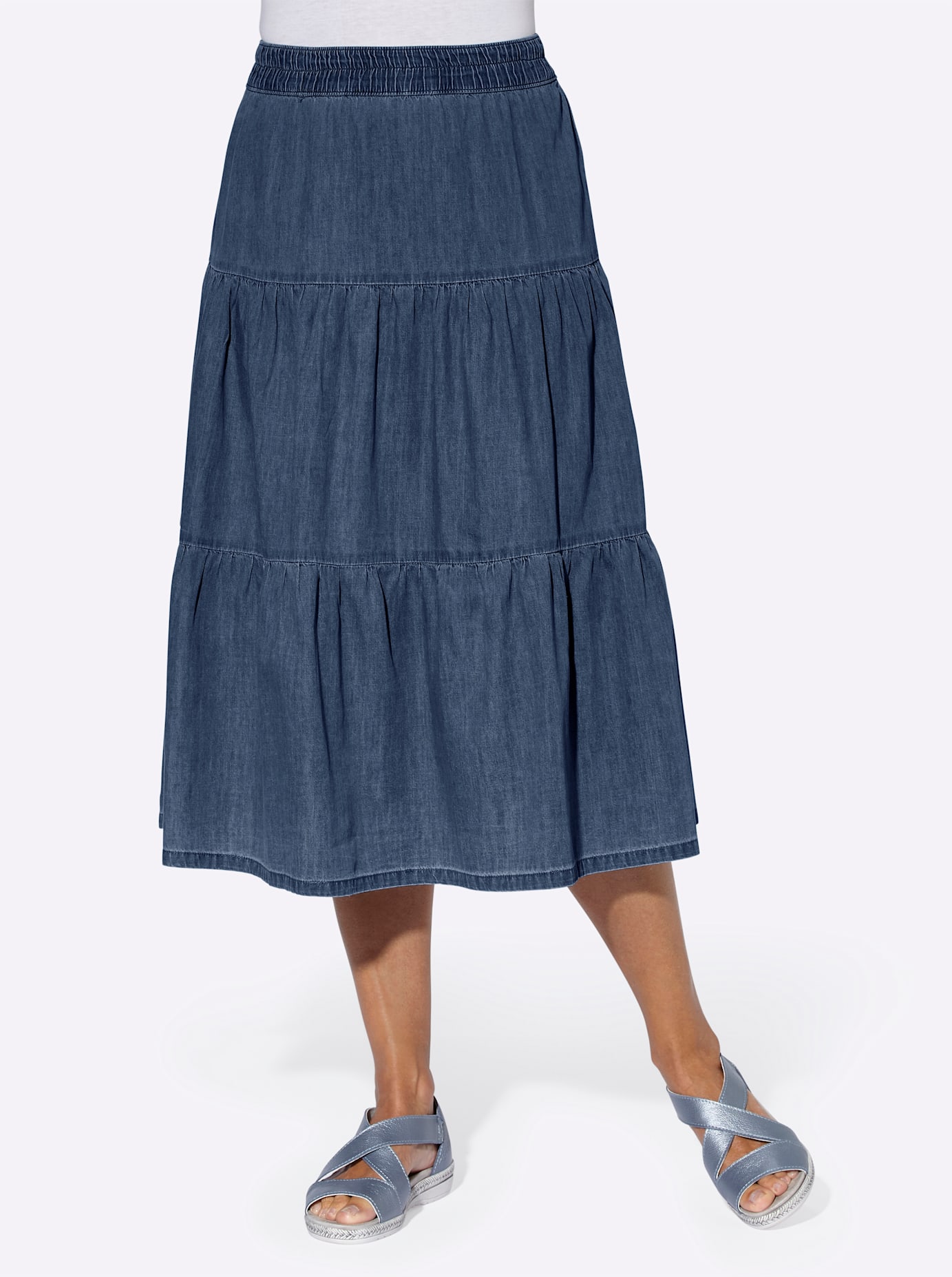 Jeansrock CLASSIC BASICS, Damen, Gr. 42, blau (blau, stone, washed), 100% Baumwolle, unifarben, wadenlang, Röcke Jeansrock Image