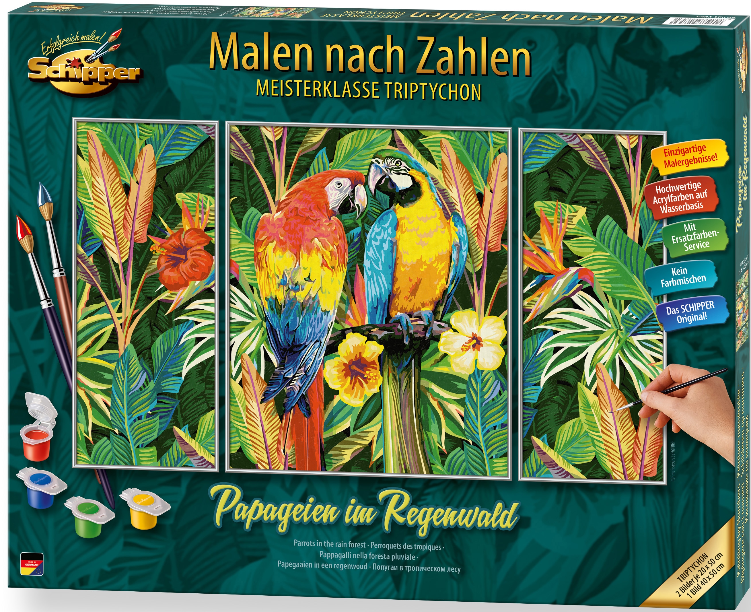 Malen nach Zahlen SCHIPPER "Meisterklasse Triptychon - Papageien im Regenwald", bunt, Malvorlagen, KinderB:20cm H:50cm, Made in Germany, B:20cm H:50cm Image